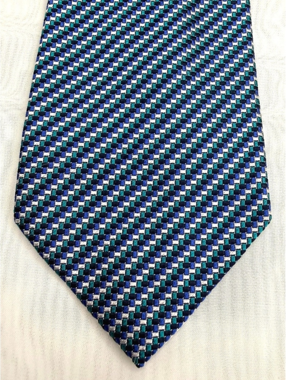 Sartori 100% Silk Necktie Blue Green Geometric Check Woven Italian Classic 3.25”
